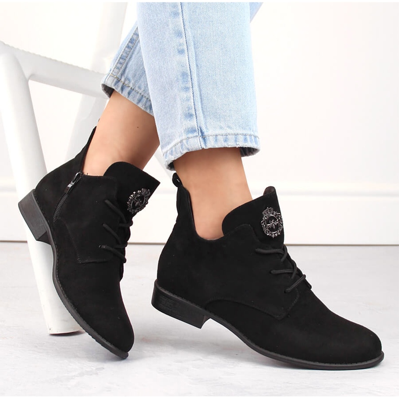 Black suede women's low-heeled ankle boots Jezzi ASA142-54 1