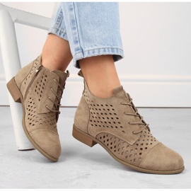 Suede women's openwork ankle boots with low heels, beige Jezzi ASA142-45 1