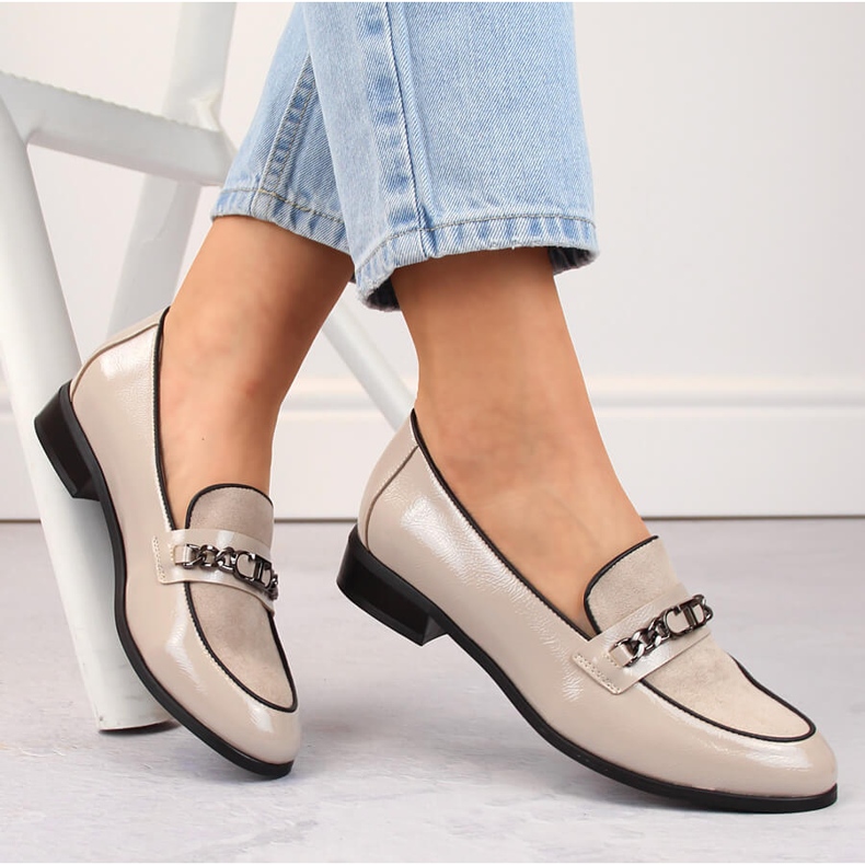 Ladies' low-heeled patent shoes, beige, Potocki SZ12309 1