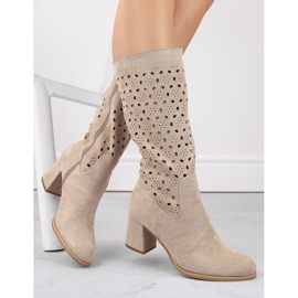M. DASZYŃSKI Women's suede openwork beige boots M.Daszyński SA156-10 1