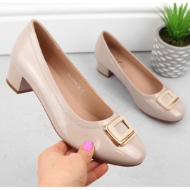 Ladies' beige patent leather shoes with a high heel, Vinceza 58248 1