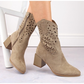 Suede women's openwork cowboy boots, beige Jezzi ASA217-7 1
