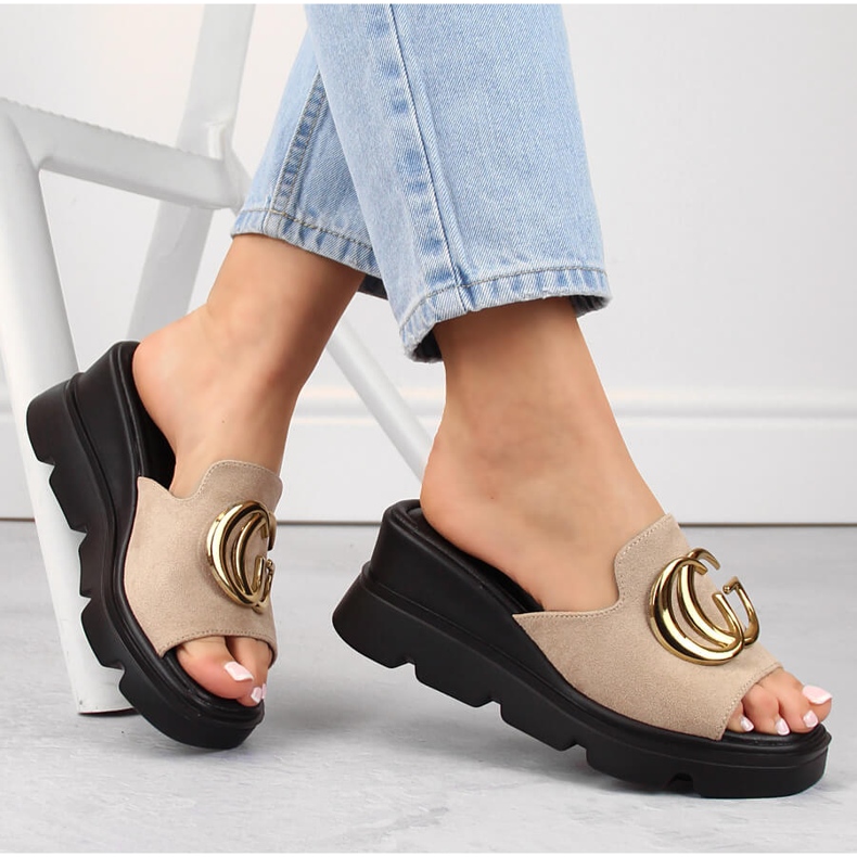 Beige women's suede wedge slippers Vinceza 58295 1