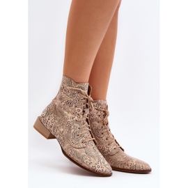 Leather Patterned Flat Boots Maciejka 06391-04 Beige 2