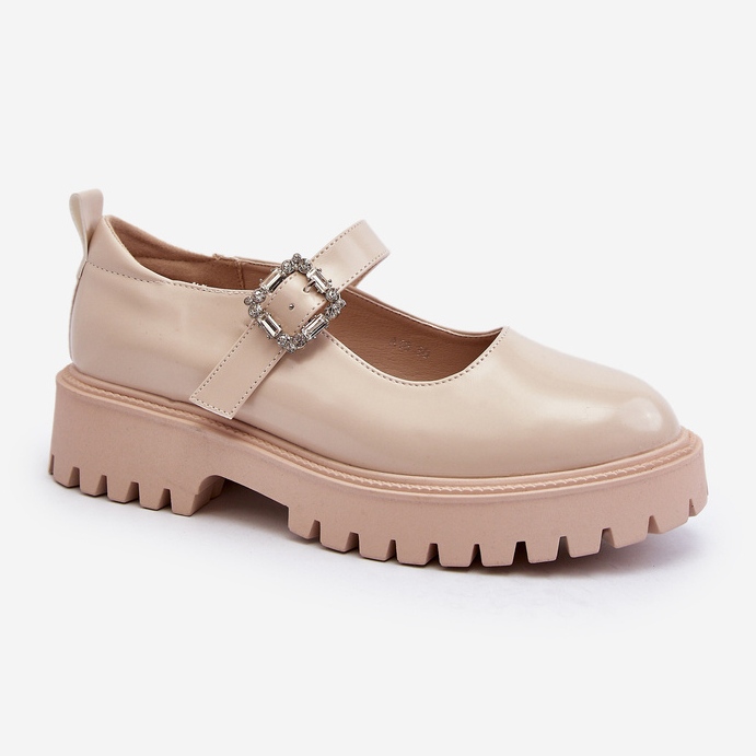 Women's Patent Leather Shoes with a Decorative Buckle, Beige Lindnessa 1