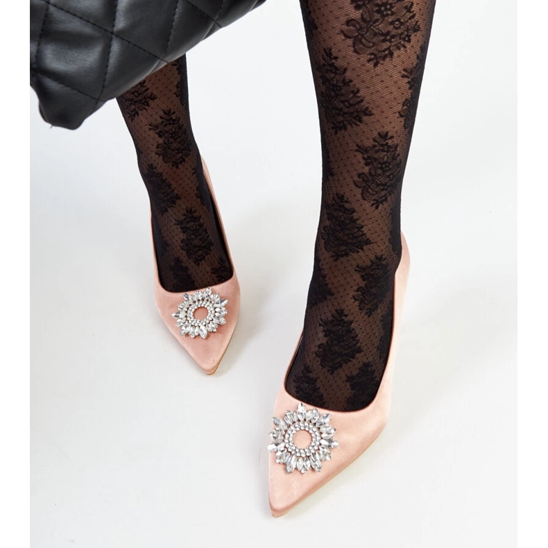 Beige high heels with a satin finish and Clemente rhinestones 1