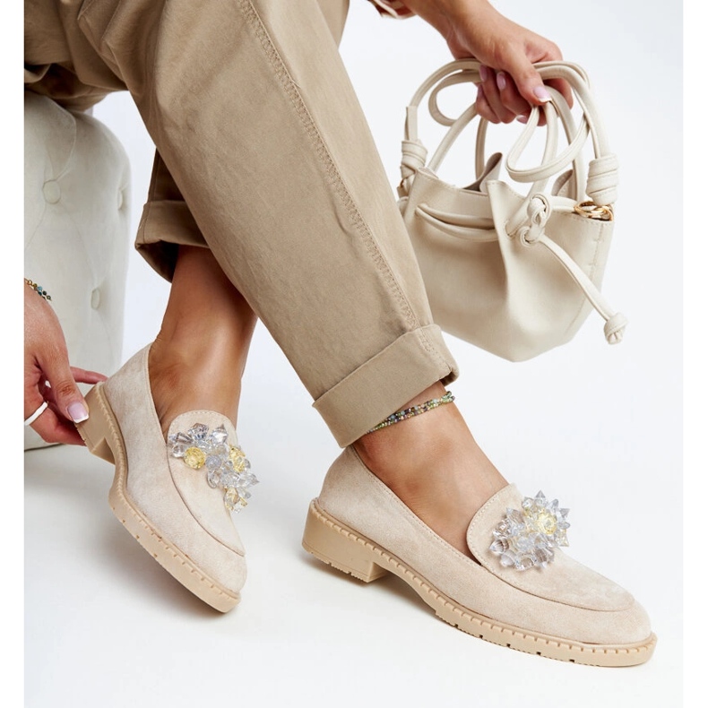 Light beige suede loafers with Zemzem crystals 1