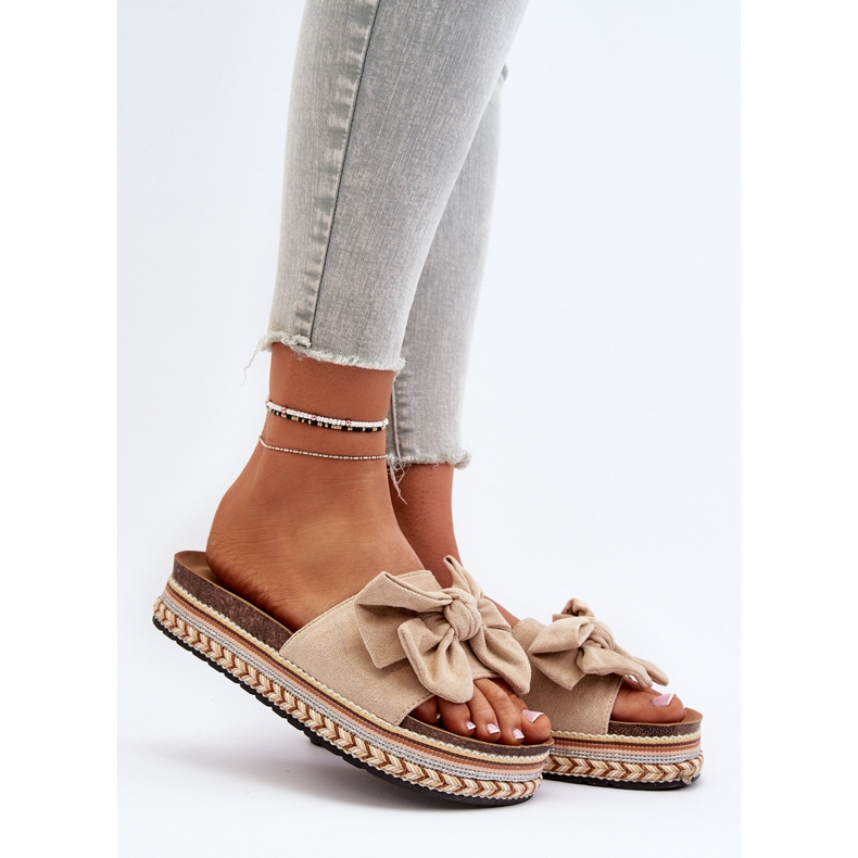 Beige Women's Flip-Flops On A Platform With A Bow Evatria 2