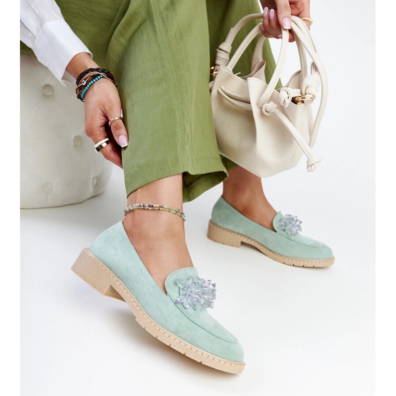 Light green suede loafers with Zemzem crystals 1