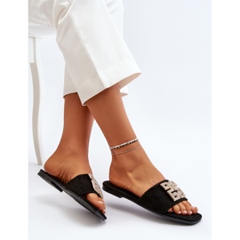 Women's Flat-Heeled Flip-Flops With Decoration, Black Inaile 1