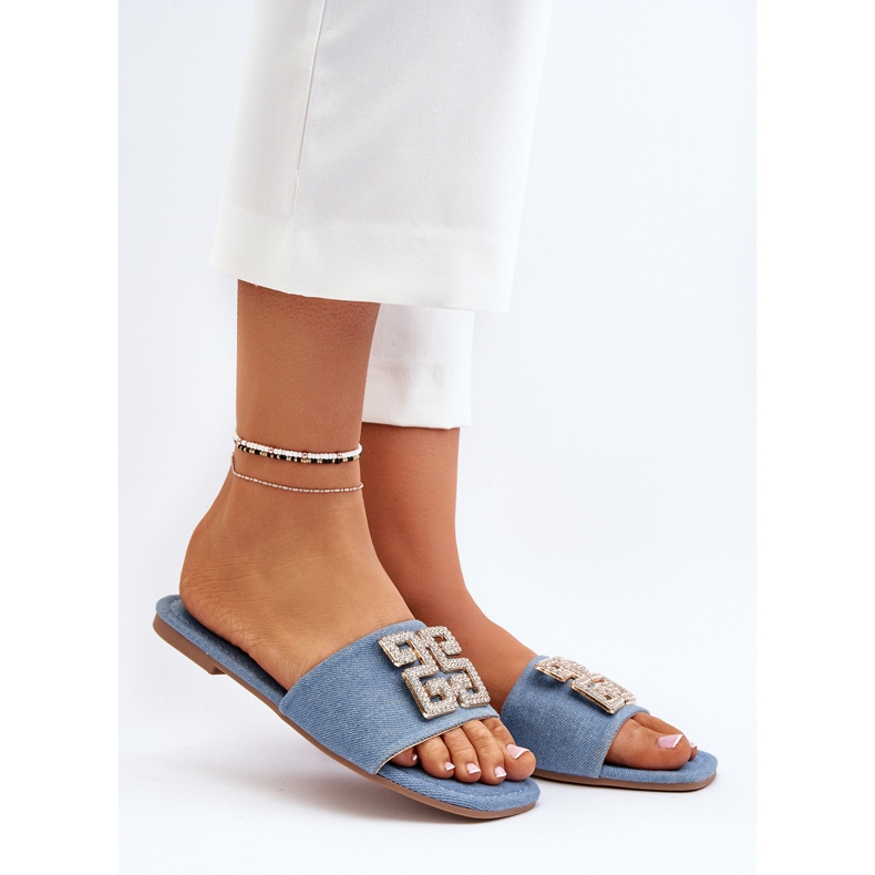 Women's Denim Flip-Flops with a Flat Heel and Decoration, Blue Inaile 1