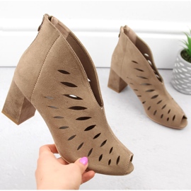 Suede women's openwork ankle boots cappuccino Potocki LE20318 brown 1