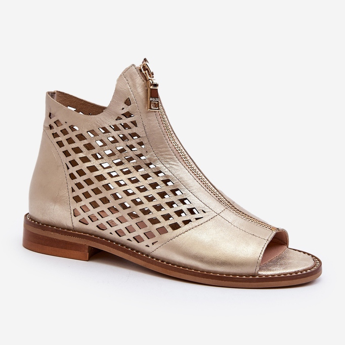 Zazoo 977/L Leather Openwork Sandals With Zipper, Gold golden 2 Zazoo 977/L Leather Openwork Sandals With Zipper, Gold golden 2