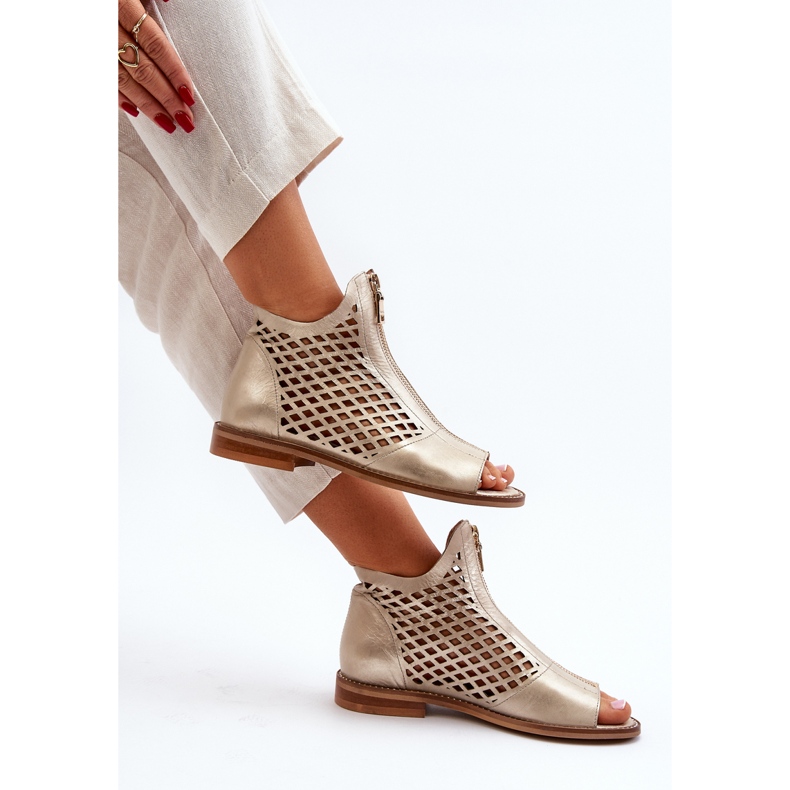 Zazoo 977/L Leather Openwork Sandals With Zipper, Gold golden 1