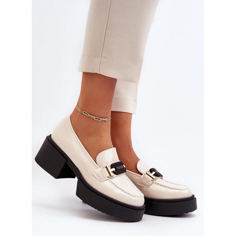 Vinceza Women's Patent Leather Loafers with Chunky Heels, Light Beige Ridulvi 2
