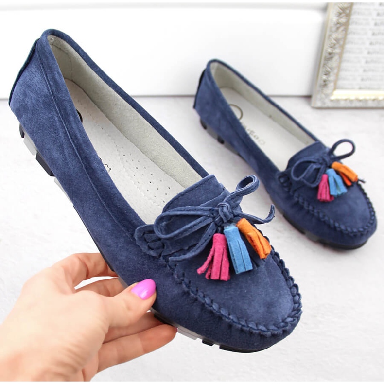 Women's leather suede moccasins with fringes, navy blue Filippo DP6136 1