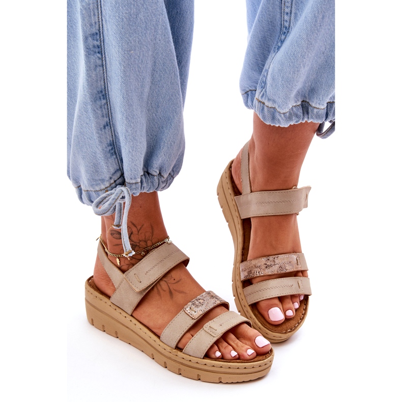 Vinceza Women's Leather Sandals with Velcro, Beige 2 Vinceza Women's Leather Sandals with Velcro, Beige 2