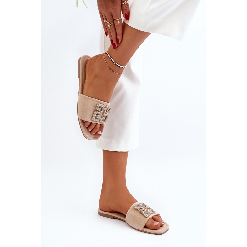 Women's Flat-Heeled Flip-Flops With Decoration, Beige Inaile 1