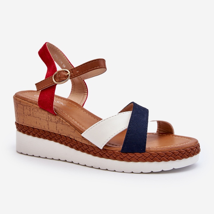 White and navy blue Kioda wedge sandals with straps 1