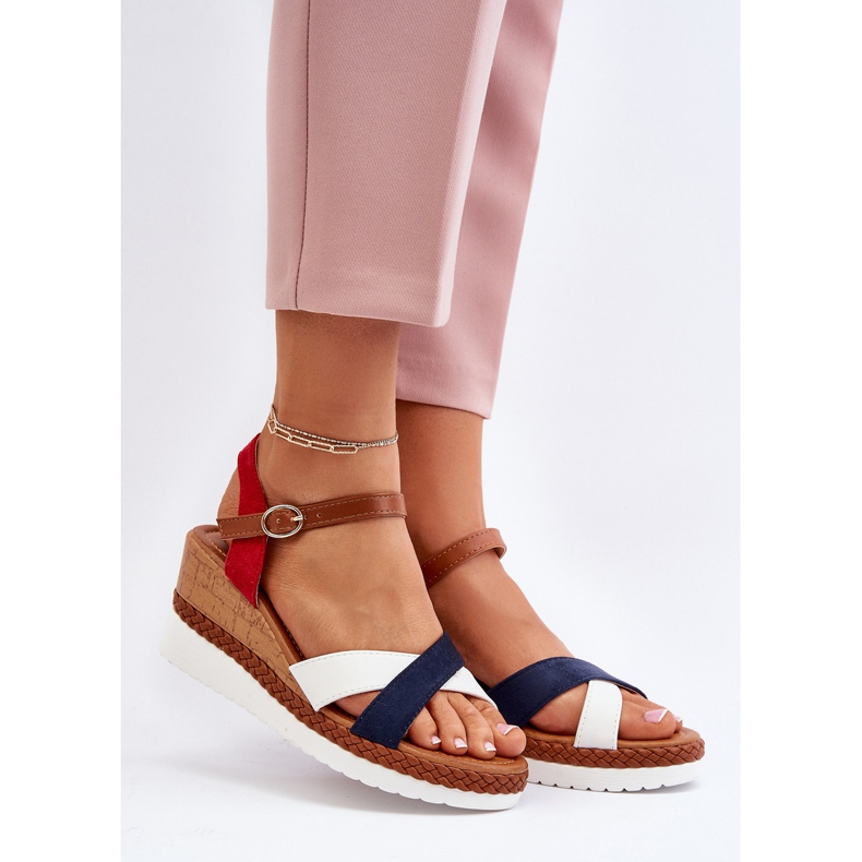 White and navy blue Kioda wedge sandals with straps 2