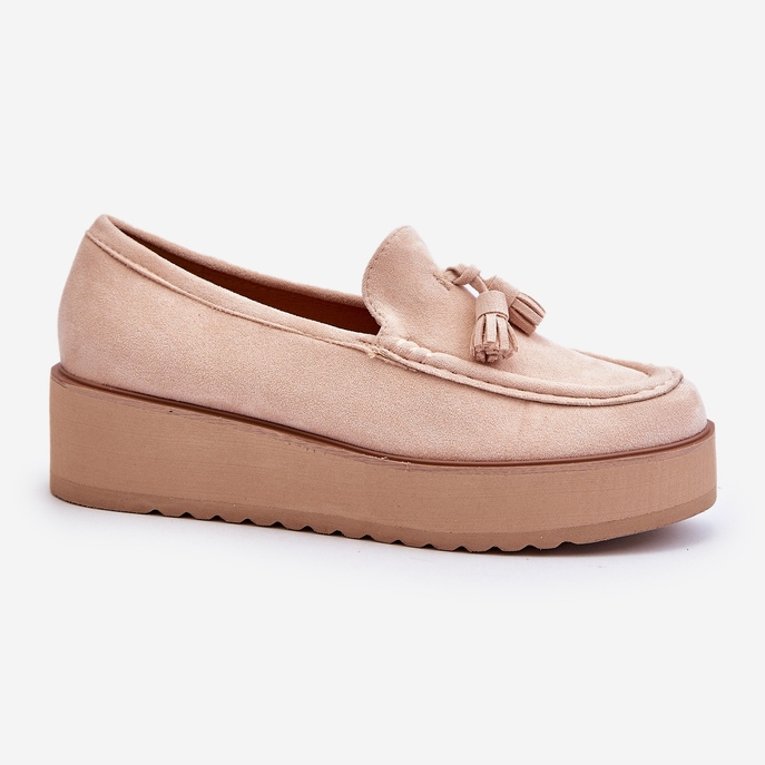 Women's Platform Moccasins With Fringes, Light Beige Mialani 1