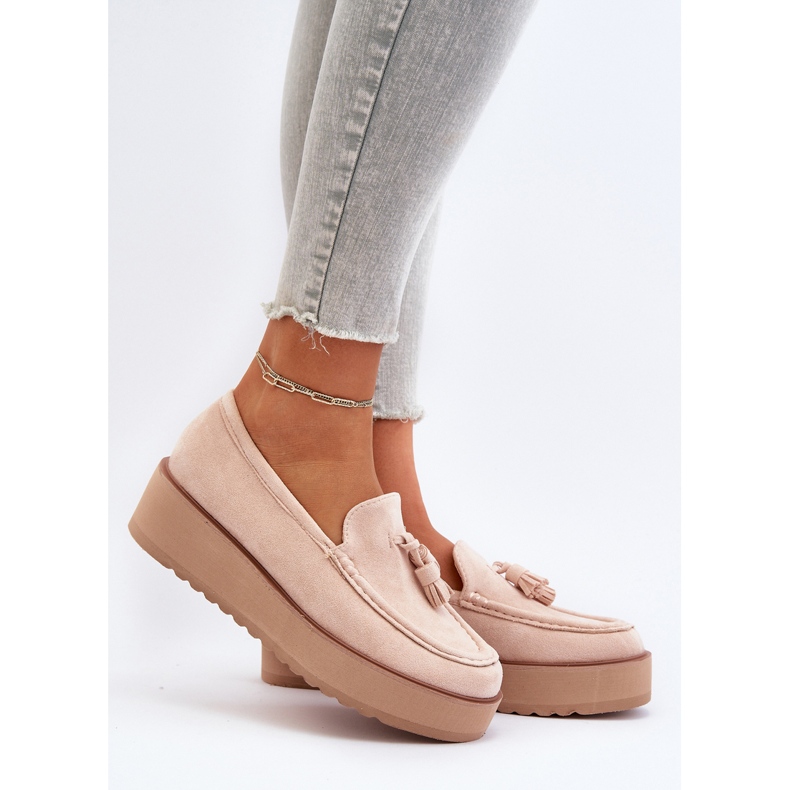 Women's Platform Moccasins With Fringes, Light Beige Mialani 2