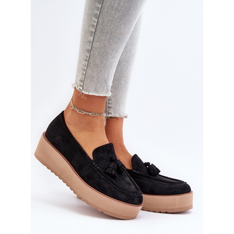 Women's Moccasins On A Platform With Fringes, Black Mialani 2