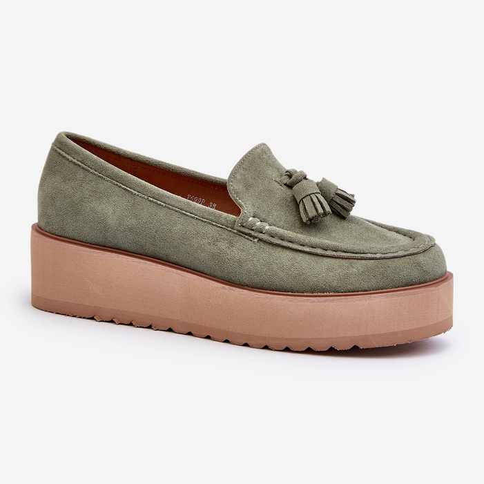 Women's Moccasins On A Platform With Fringes, Green Mialani 1