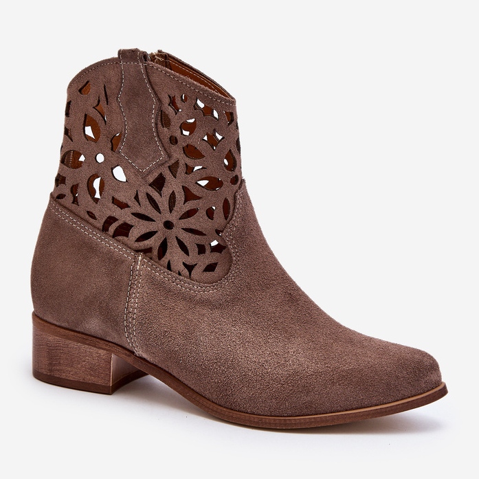 Zazoo 3404 Openwork Cowboy Boots On Low Heels Suede Brown 2