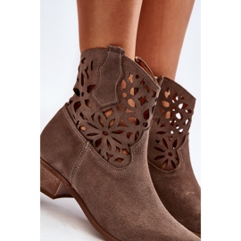 Zazoo 3404 Openwork Cowboy Boots On Low Heels Suede Brown 1