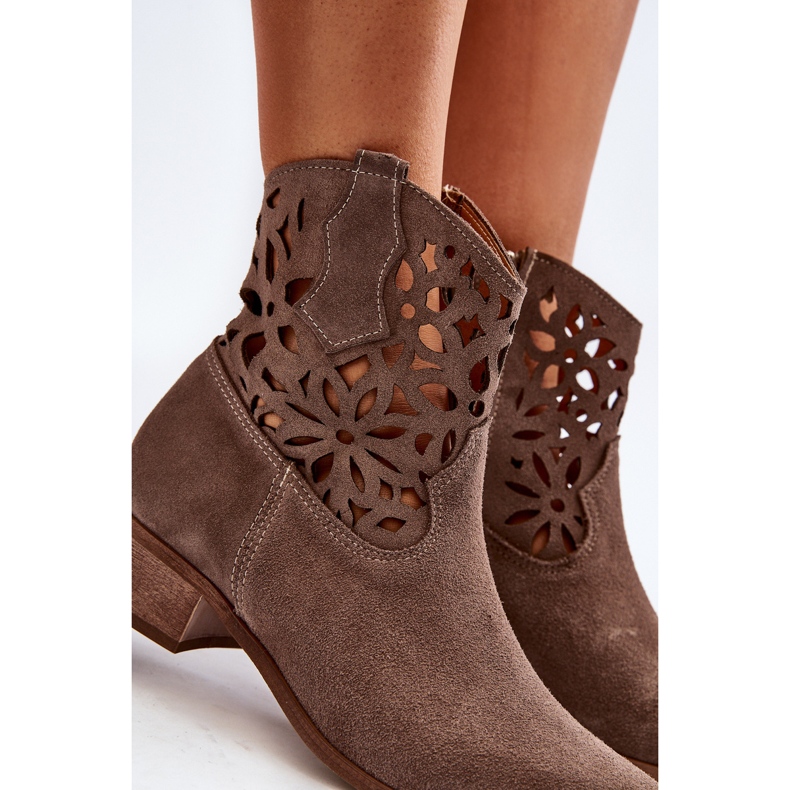 Zazoo 3404 Openwork Cowboy Boots On Low Heels Suede Brown 1