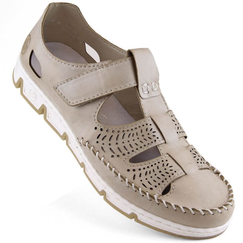Rieker W RKR651 beige leather openwork shoes with velcro brown 1