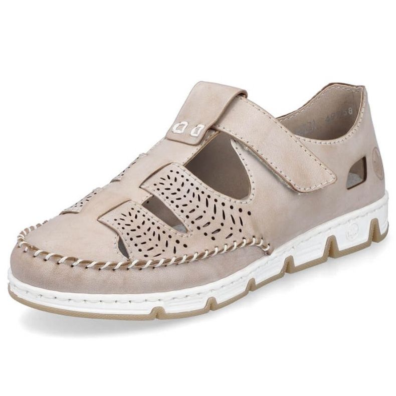 Rieker W RKR651 beige leather openwork shoes with velcro brown 2