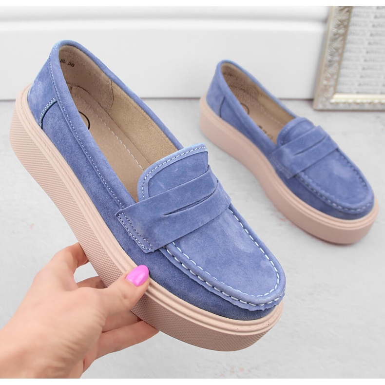 Leather suede shoes, women's moccasins on the platform, blue Filippo DP6152 1