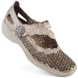 Leather comfortable women's openwork shoes with velcro, metallic Rieker 413G4-90 beige 9