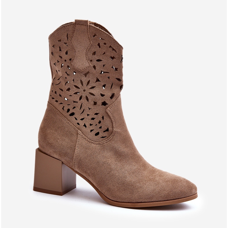Jezzi Suede Ankle Boots With An Openwork Upper On A Block, Dark Beige Irvelame 1
