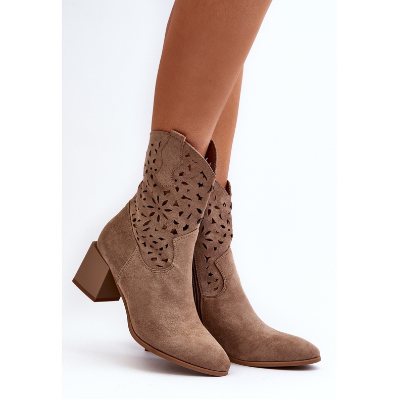 Jezzi Suede Ankle Boots With An Openwork Upper On A Block, Dark Beige Irvelame 2
