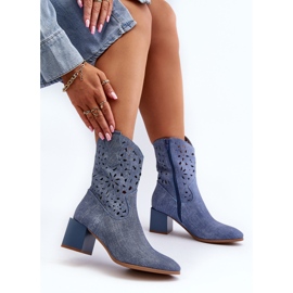 Jezzi Blue Irvelame denim ankle boots with an openwork upper on a block 1
