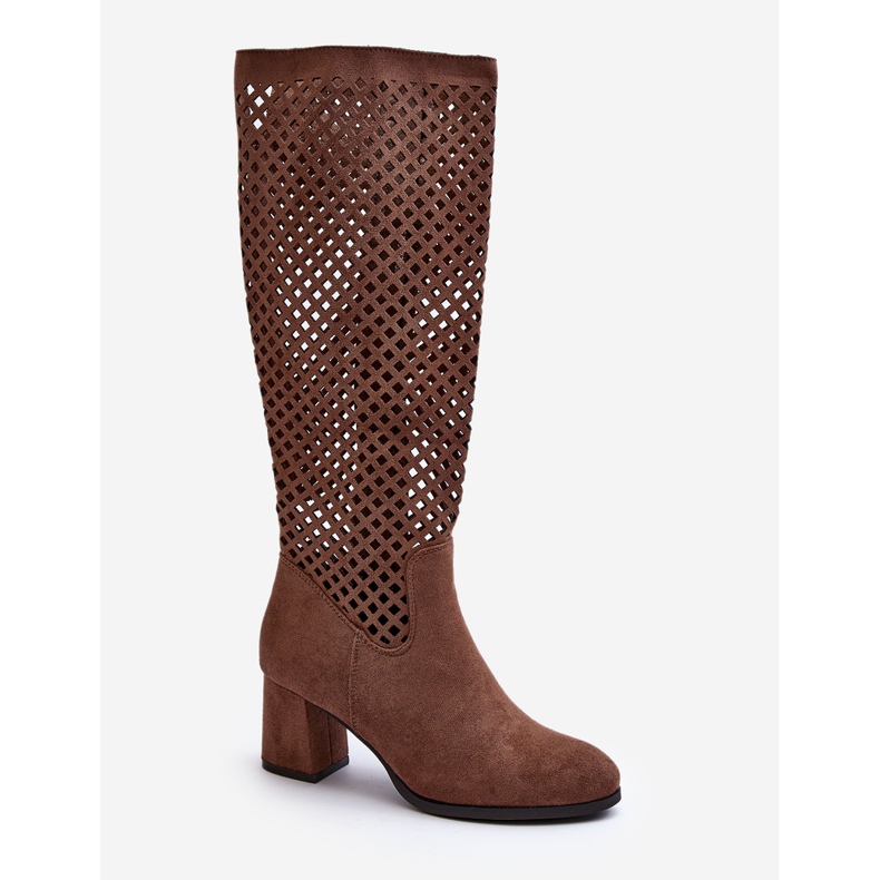 Jezzi Brown Suede Openwork High Heel Boots Jolenna 1