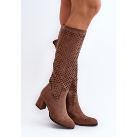 Jezzi Brown Suede Openwork High Heel Boots Jolenna 2
