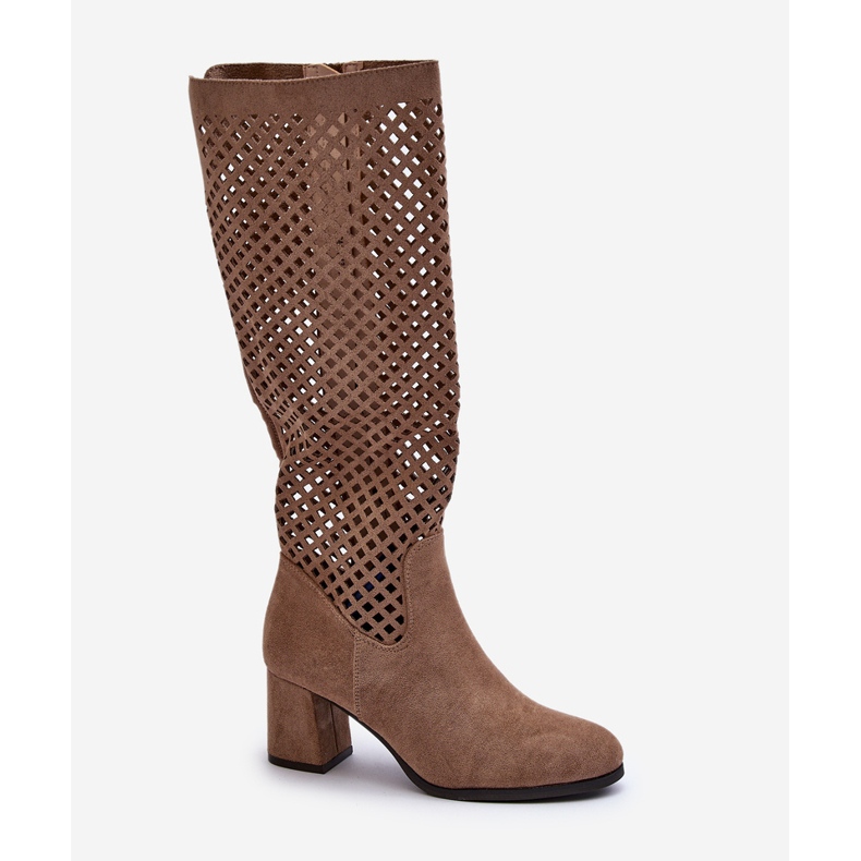 Beige Suede Openwork High Heel Boots Jolenna 1