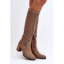 Beige Suede Openwork High Heel Boots Jolenna 2