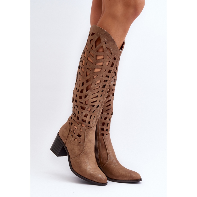 Brown Openwork High Heel Boots Pinkema 2