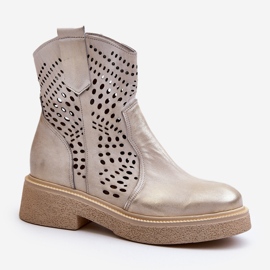 Zazoo 3470 Women's Leather Ankle Boots on a Flat Heel, Openwork Gold, Brushed golden 2