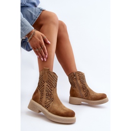 Zazoo 3470 Suede Women's Boots on a Flat Heel, Openwork, Beige 2