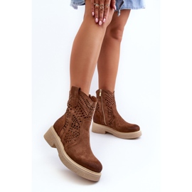 Zazoo 3470 Suede Women's Boots On Flat Heels, Openwork Brown 2