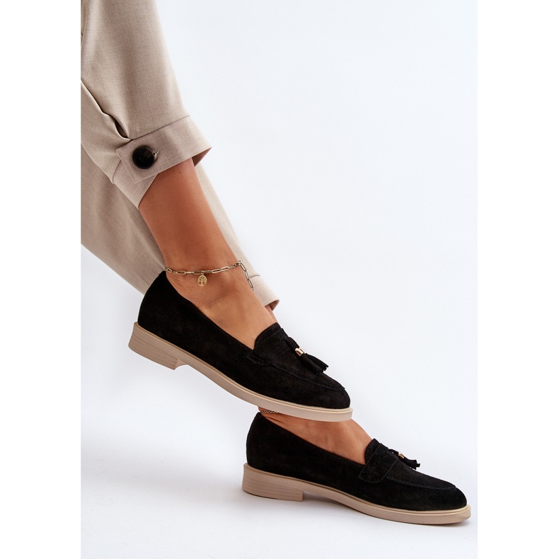 Zazoo 3420 Women's Suede Loafers with Flat Heels, Black 1