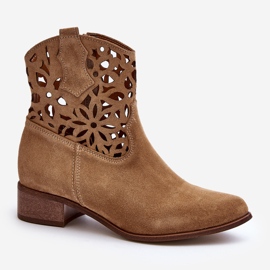 Zazoo 3404 Openwork Low-Heel Cowboy Boots Suede Light Beige 1