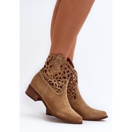 Zazoo 3404 Openwork Low-Heel Cowboy Boots Suede Light Beige 2