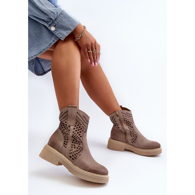 Zazoo 3470 Suede Women's Boots On Flat Heels Openwork Cappuccino beige 1